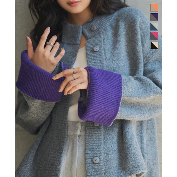 ドレステリア超美品上質モヘア大人エレガントネイビーバイカラーニットジャケット KOBE LETTUCE（神戸レタス） カーディガン レディース ゆったり