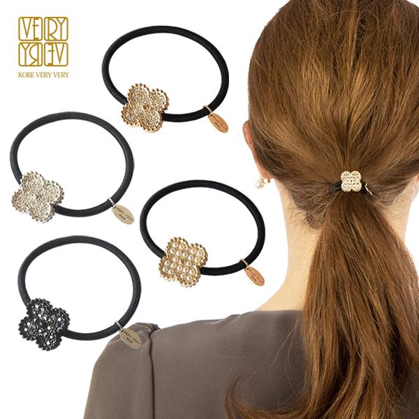 ヘアゴム ☆ フラワー モチーフ ストーン キラキラ パール ビジュー