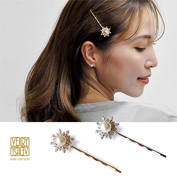 ヘアピン ビジューパール 送料無料 フラワーヘアピン パール ビジュー ストーン ゴールド シルバー 金属 金 銀 ヘアピン ラインストーン レディース