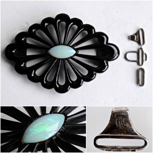 帯留 本鼈甲 べっ甲 菊菱紋透かし オパール 銀製金具付 和装小物  