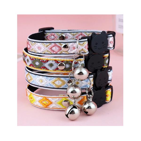 首輪 猫 おしゃれ 長さ調整 安全バックル キャットカラー エスニック柄 ジャガードエスニック柄がおしゃれな猫用首輪です。4色展開オレンジ ブルー ピンク グリーン外からの力によって外れる安全設計のバックルを使用していますので安心です。かわ...