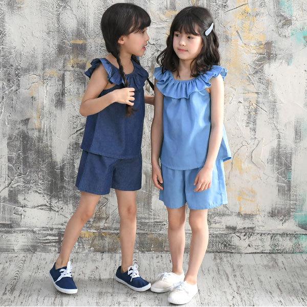 デニム風セットアップ 韓国子供服 キッズ ノースリーブ ショートパンツ 夏 100 110 1 130 140 150 Saa 子供服bee 通販 Yahoo ショッピング