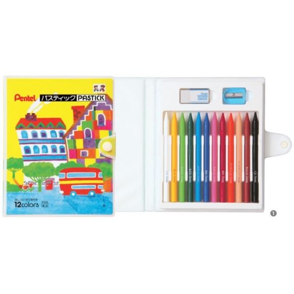 ぺんてる パスティック 12色 5個セットまとめ買い 削り器 消しゴム 名前シール付き 保育