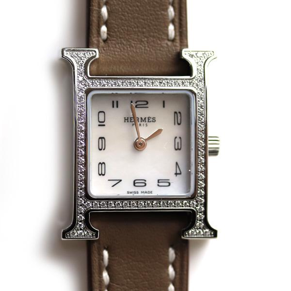 MT3991 HERMES エルメス Ｈウォッチ ミニ21 HH1.131 レディース腕時計 ダイヤベゼル ホワイトシェル文字盤 クォーツ  エトゥープ/未使用品/買取品 :kh22-0914-6:古恵良販売 通販 