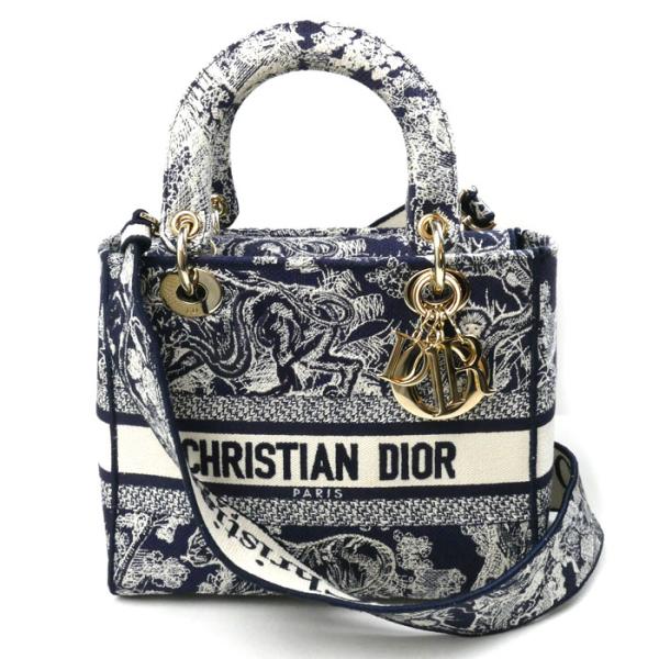 Christian Dior クリスチャンディオール Lady D-Lite ミディアム 2Wayショルダーバッグ ネイビー ホワイト M0565ORGO M928 レディース【中古】【美品】 koera_o24-1027-13