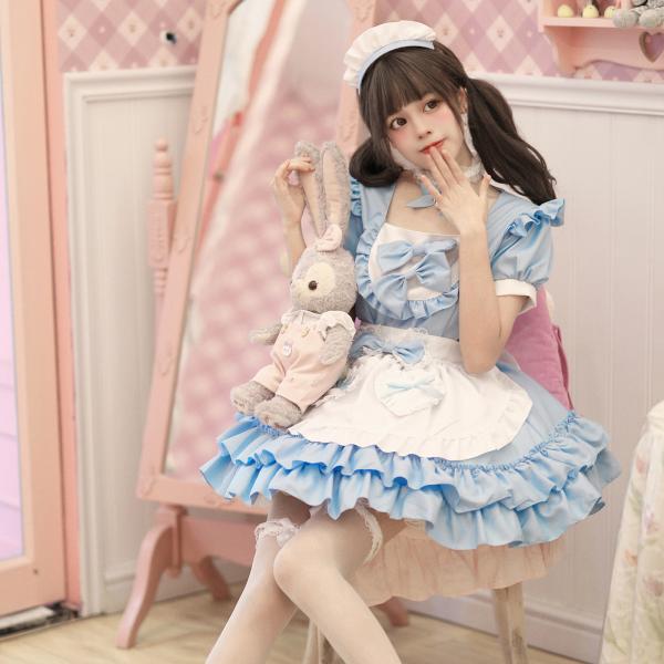 メイド服 ゴスロリ 鈴付き首飾り ワンピース ハロウィン 仮装 レディース ロリータ コスプレ 半袖 蝶結ぶ パーティー イベント 演出服 ニーハイ付き 爆買