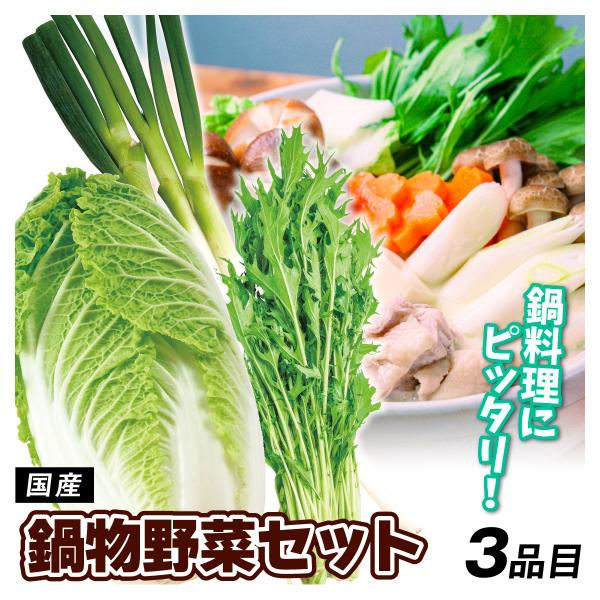 ●商品情報：鍋料理におすすめの野菜を3種類セットでお届け！●セット内容：白ネギ（1束）・白菜（1玉）・水菜（1束）●産地：国産●配送形態：段ボール箱●配送温度：常温便●備考：※画像はイメージです。※ご家庭用・無選別品としてご用意いたします。...