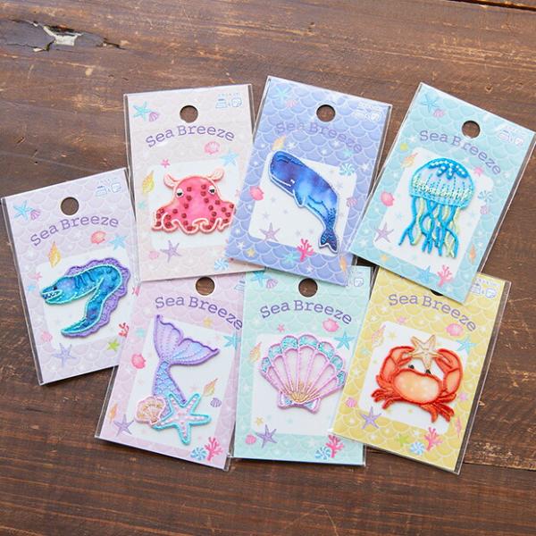 Sea Breeze シースルーワッペン オーガンジー刺繍 アイロン・接着・シール両用タイプ マリン マーメイド 魚 クラゲ クジラ シェル ゆめかわ ウツボ カニ