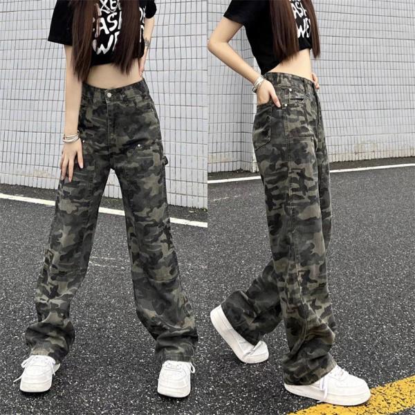ジーンズ レディース デニムパンツ ジーパン ロング チノパン カジュアルズボン 発表会 迷彩柄 カモフラージュ ダンスウェア ヒップホップ 女子ボトムス