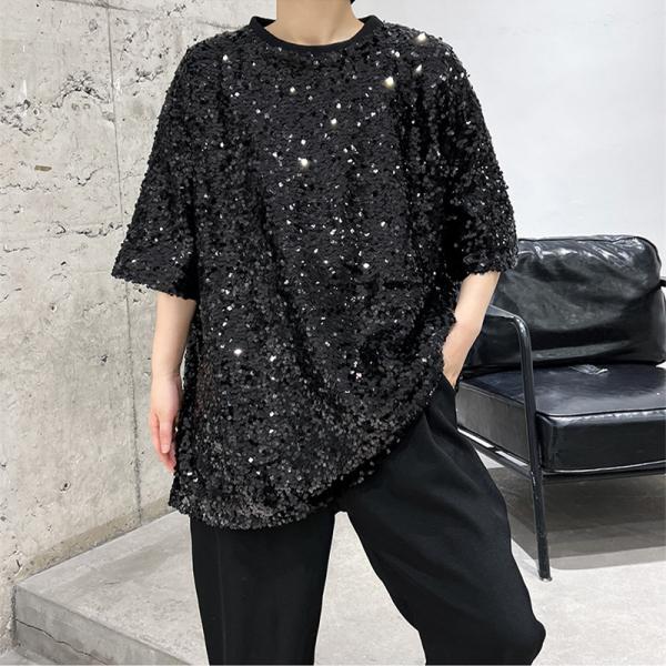 Tシャツ メンズ カジュアル 半袖 ダンスウェア 丸首 スパンコール 発表会 黒 銀色 ライブ ヒップホップ 舞台衣装 上着 部活 クール 男女服 トップス　