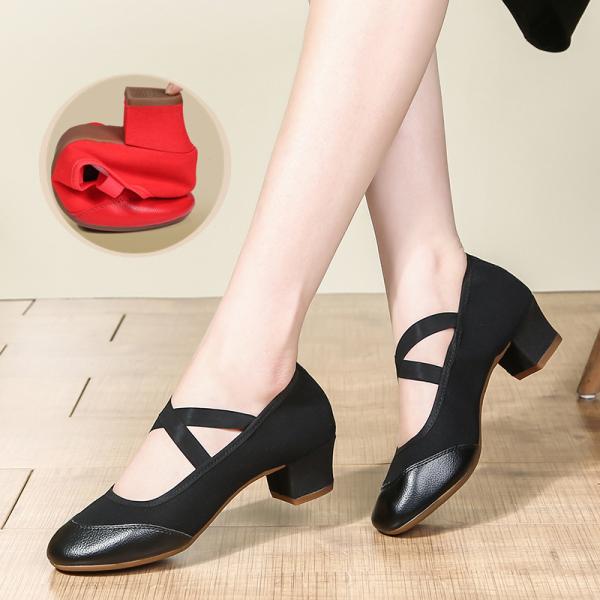 パンプス レディース ダンスシューズ 太めヒール 中ヒール 皮靴