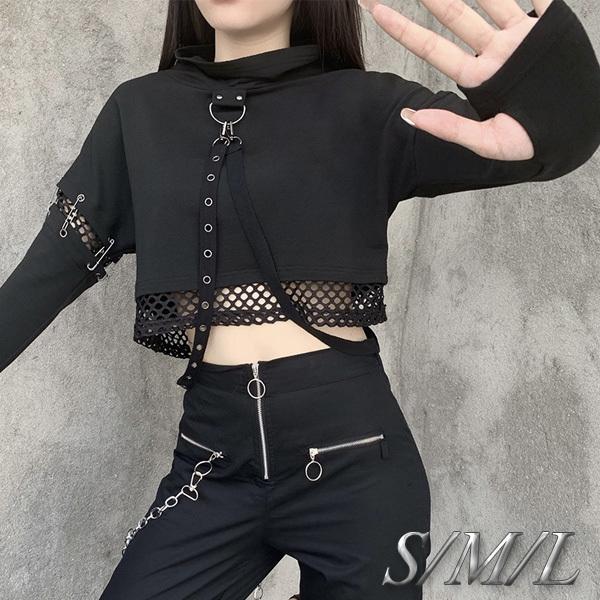 メッシュ パーカー トップス ショート丈 長袖 フーディー へそ出し 原宿 派手 透け編み ハード系 ロック コスプレ セクシー 肌みせ 安全ピン  送料無料 メール便