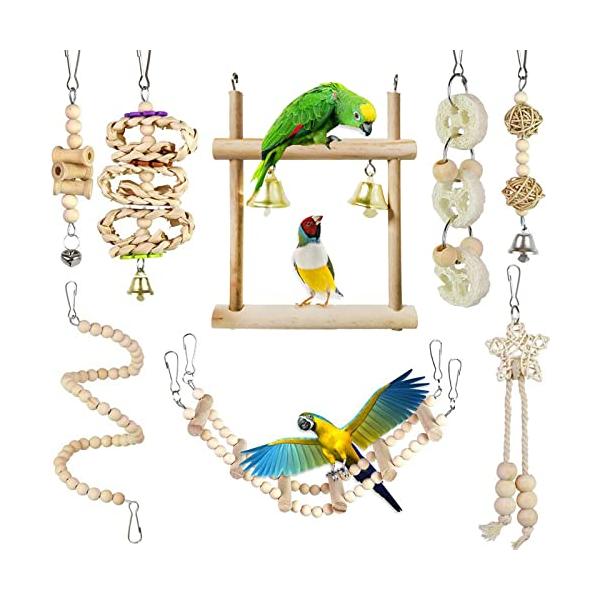 8点セット A/-/001・Color:8点セット A・パッケージ個数:1・メイン素材：天然木・サイズ：画像をご参考にしてください。・はしご、ブランコ、鈴、噛むおもちゃなど8種類のインコおもちゃがセットで入っています。インコたちの噛みたい欲...
