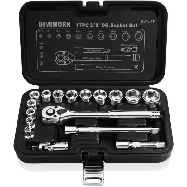 六・グレー  ・【セット内容】差込角9.5mm（3/8インチ）ラチェットハンドル(ギア数72山)、ユニバーサルジョイント、エクステンションバー(75・150mm)2pc、メートル製ソケット（六角）13pc（7、8、10、11、12、13、1...