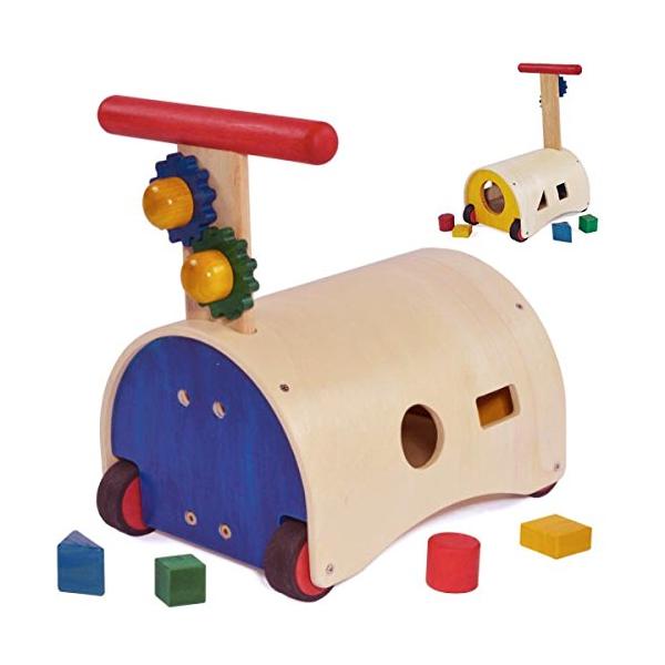 乗用と手押しの2WAY ハンドルの高さを2段階調節し、手押しとしても、乗用としても使える玩具です。本体には型はめブロックやギア・木ねじもついていて、いろんな遊びが楽しめます。