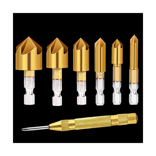 BESTU 面取りカッター 皿取り錐ドリル ビット 皿取錐 下穴錐 座ぐり 六角軸 チタンコーティング ドリルビットセット 7本セット 6/8/