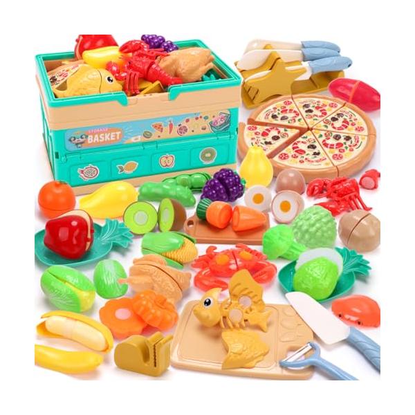 おままごとおもちゃ/-/G668・Color:おままごとおもちゃ・キッチンおもちゃセットさまざまな果物と野菜、野菜切断ツール、ステンレス鋼調理器具、ヘラツール、エプロンとシェフの、その他のキッチンおもちゃの付属品を含む、合計46PCS。・可...