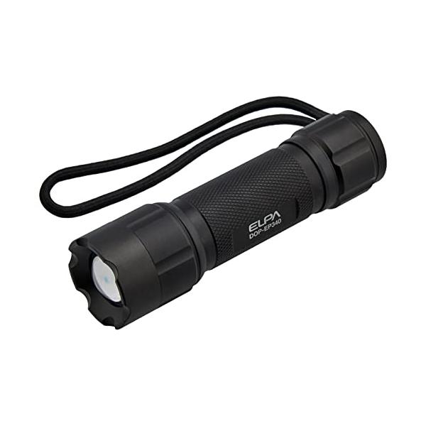 他サイト： エルパ (ELPA) 防水機能付 LEDアルミライト 400lm (ブラック/電池式) ハンドストラップ付き/懐中電灯 (DOP-EP340)の商品画像