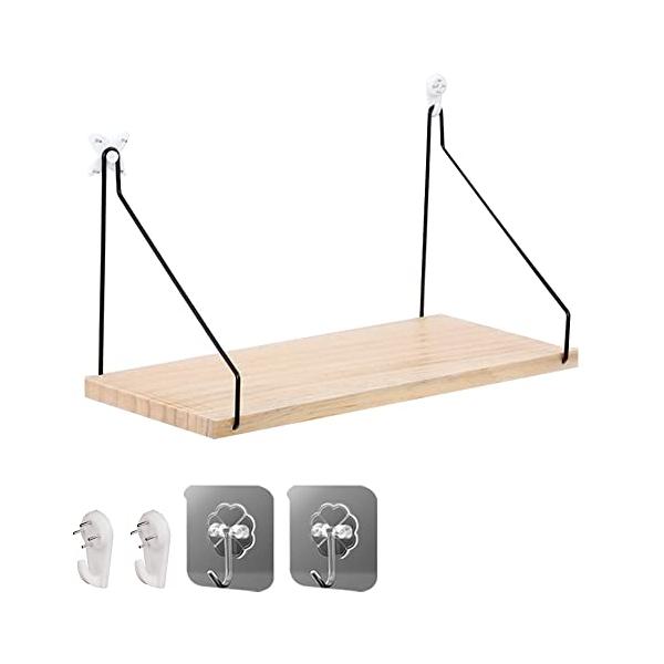 おしゃれNatural/-/-・パッケージ個数:1・?賃貸もOKに便利な2種類のフック付釘付フック2個と粘着シール付フック2個が付属します。・?幅30cm、奥行15cmの木製ラック・?リビング、キッチン、トイレなどの壁面スペースの有効活用に...