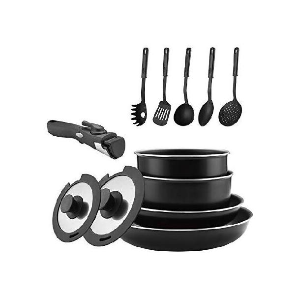 abizoeフライパン 鍋 6点セット ダイヤモンドコーディング ブラック 収納 フライパンセット ガス火IH対応 取っ手が取れる 鍋 セット 1626cm ブラック1, 6点セット 