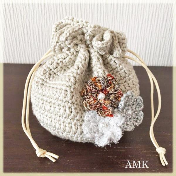コットン糸の巾着ポーチ お花のモチーフ付 〜 AMK 〜 バッグインバッグ