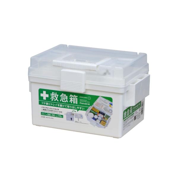 【特長】◎救急用品をコンパクトに収納できて、使いやすい救急箱。◎持ち手付き。持ち手はカチッと90度立てられます。スベリ止め加工で持ちやすい。使わないときはフタにぴったり収納できます。◎本体容器はホワイト。フタは半透明で、中のトレイが見えます...