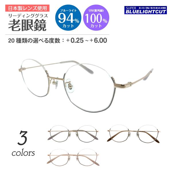老眼鏡 ブルーライトカット 94% アンダーリム 逆ナイロール 多角形