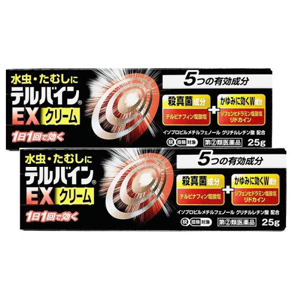 「テルバインEXクリーム 25g」は、1日1回で効く水虫・たむし用薬です。水虫・たむしは、カビ(真菌)の仲間である白癬菌が皮膚の角質層に寄生しておこる皮膚病です。テルバインEXクリームは、白癬菌に対して強い殺真菌作用を示すテルビナフィン塩酸...