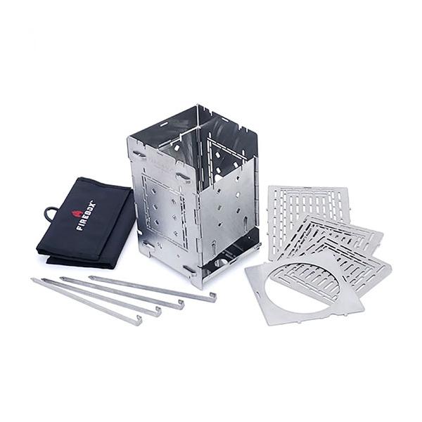 ファイヤーボックス　ボックスセット重量：1600g大きさ：21cm×14cm×3.5cm材質：ステンレス、コーデュラ中国製セット内容：ストーブ、グリルプレート、ファイヤーグレーと（2枚）、ボイルプレート、ファイヤースティック（4本）、コーデ...