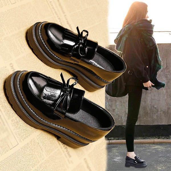 ローファー 厚底 リボンキルト レディース 黒 レースアップシューズ