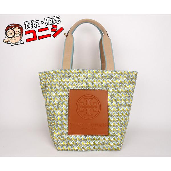 【神戸の質屋】【TORY BURCH/トリーバーチ】トートバッグ 水色×黄色 幾何学模様 ポリエステル 軽量 レディース【送料無料】【良品】g2005b