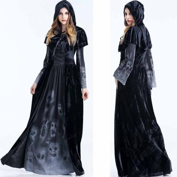 ハロウィン 魔女 ヴァンパイア ロング ドレス レディース フード付き ホラー 仮装 ステージ 衣装 パーティー コスプレ