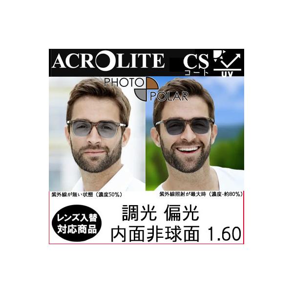 メーカー：　イトーレンズレンズ：アクロライト160フォトポラ屈折率：1.60設計：内面非球面ナイロールタイプの加工は不可となります紫外線の量に合わせてレンズの色（濃度）が変化するため、紫外線が届かない状況では色の薄い偏光サングラス、屋外など...