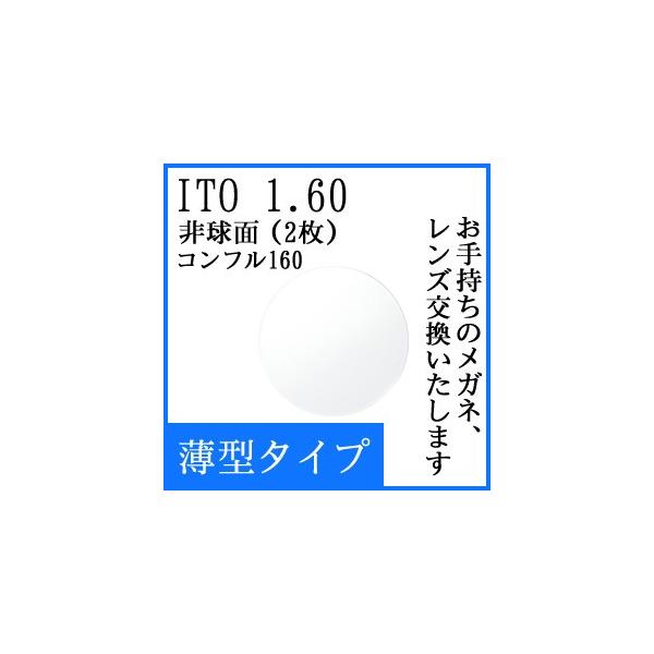 レンズ名 ：ITOレンズ　コンフル160 種類： 薄型球面レンズ 屈折率： 1.6 縁なし加工： ・ツーポイント○　・ナイロール○特徴： ・ハードマルチコート（傷防止、反射防止）・CSコート（汚れ防止）・ＵＶカット（紫外線防止）  薄さ： ...