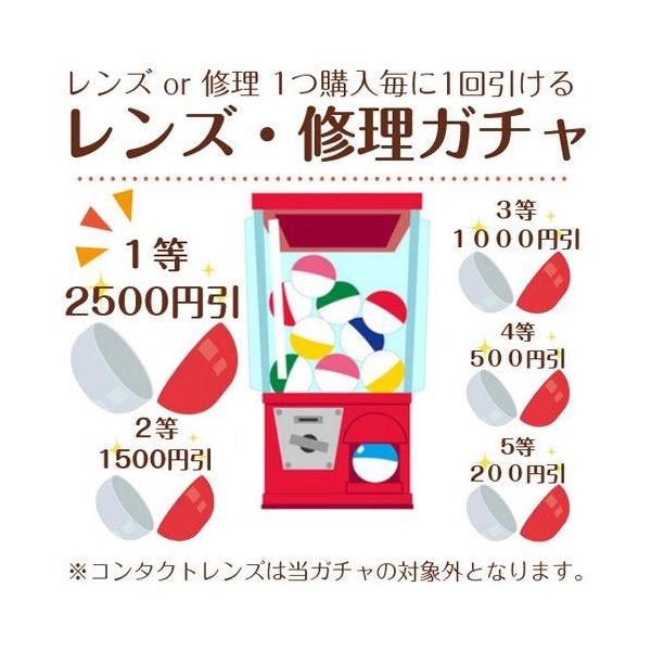 レンズ入替を1商品買うごとに1回購入できる、 はずれ無しの割引ガチャ！買えば絶対に、100円以上の割引が発生します。１等・当選率２％修理代金を2500円割引！２等・当選率１０％修理代金を1500円割引！３等・当選率１８％修理代金を1000円...