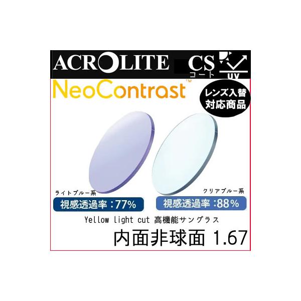 メーカー：イトーレンズレンズ： アクロライト167　ネオコントラスト / ネオコントラストライト屈折率：1.67設計：内面非球面ネオコントラスト　濃度23％　夜間運転可ネオコントラストライト　濃度12％　夜間運転可コート：CSコート（撥水コ...