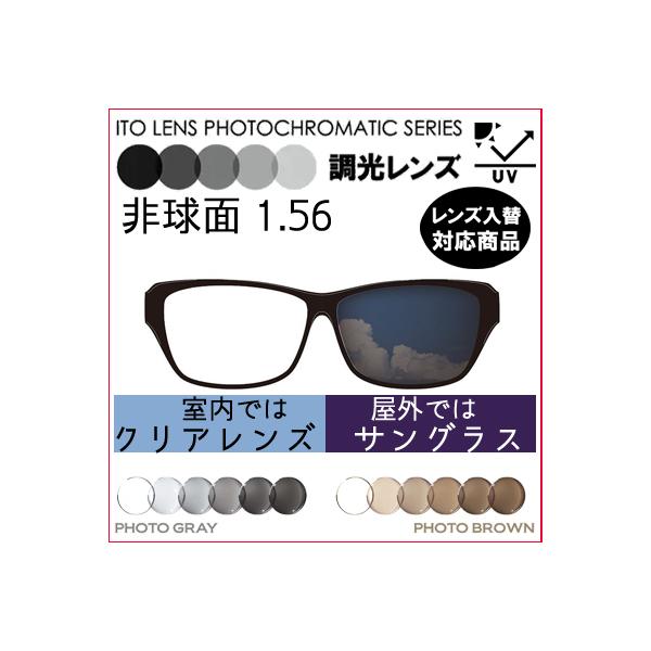 メーカー：ITO LENS イトーレンズ フォト調光◎ 汚れに強いＣＳコート◎ ＵＶカット◎ ほこりや花粉を付きにくくする静電防止コート【屈折率】1.56【設計】非球面設計【カラー】GRAY / BROWN紫外線の量に合わせてレンズの色（濃...