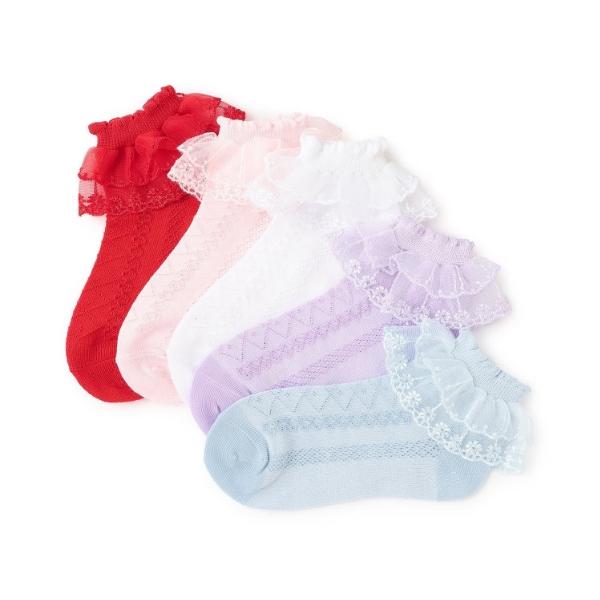 二重仕様のたっぷりフリルレースがアクセントのソックス。ふんわりとした華やかなデザインで、足元をキュートに彩ります。 繊細な柄編みと柔らかなカラー展開がどんなコーディネートにもマッチ。 サイズはS(15-17cm)とM(17-19cm)の2種...