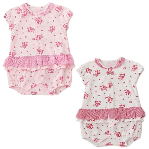 メゾピアノ mezzopiano イチゴブーケ柄ギンガムフリルロンパース