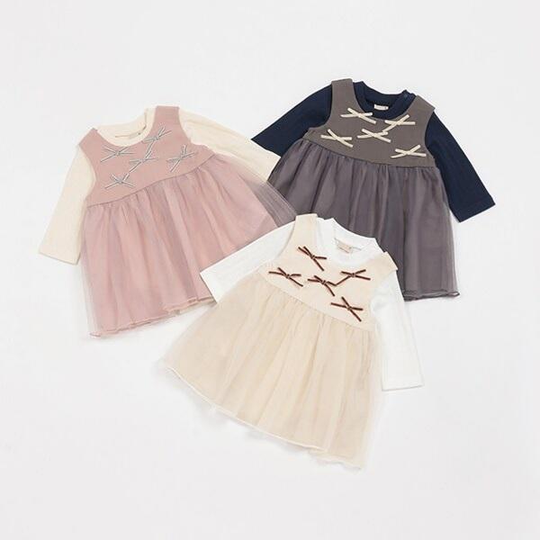 petit main プティマイン リボンつきチュールOPセット ワンピース 長袖