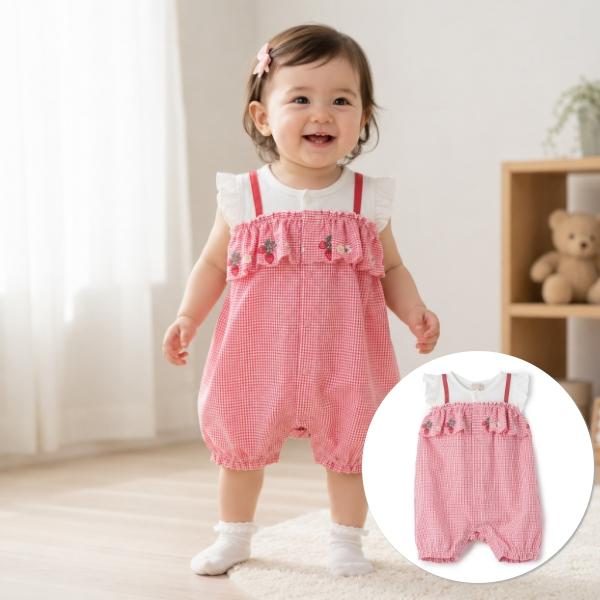 ロンパース・カバーオール Baby Pierrot Onesie - String Mini Floral petit main プティマイン 胸フリルフルーツカバーオール ロンパース