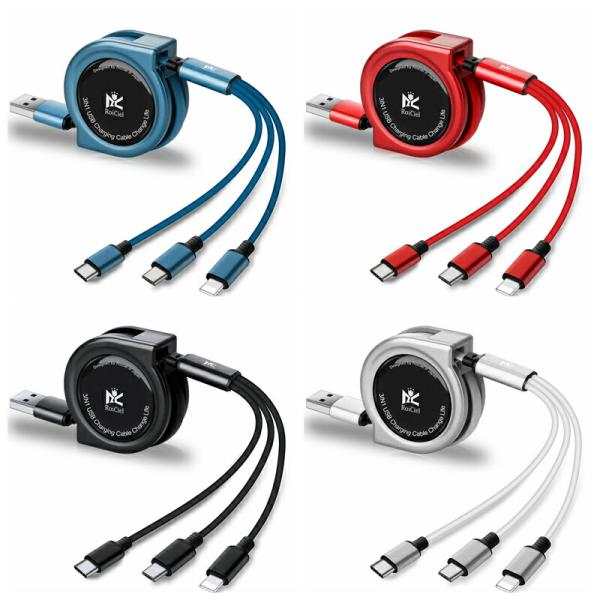 RoiCiel 3in1 USB充電ケーブル 巻き取り ライトニング/USB Type-C/マイクロUSBケーブル　1本3役　両面挿し　リバーシブルLightning/Type C/MicroUSB 3A三台同時充電可能 iPhone タブ...