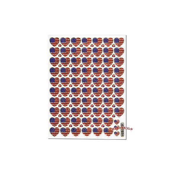 ハート型のアメリカンフラッグ柄のステッカーシールです。携帯電話や手帳のデコレーションにどうぞ。シンボルや動物、植物など20種類以上販売しています。サイズ（約）：13cmｘ10cm（台紙）ご覧の環境で多少色が異なります。