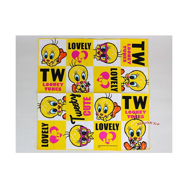 しっかりとした綿100%生地のランチクロスです。かわいいトゥイティーが勢揃いしています。在庫限りのお買い得品です。サイズ(約)：43cmｘ43cm／綿100%／日本製製造上の多少の色トビや擦れはご容赦ください。ご覧の環境で多少色が異なります...