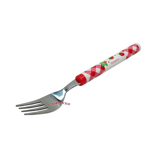 イチゴ柄の円柱ディナーフォークです。ＬサイズとＳサイズのスプーンとフォークを販売しています。数種類のランチボックスやミニケースにデザートケースお箸セット、スープン・フォークセットなども販売しています。在庫限りのお買い得商品（国産品）です♪サ...