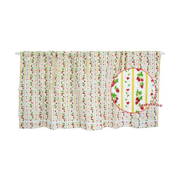 ストロベリー柄のカフェカーテンです。綿100%の柔らかい生地です。上部はつっぱり棒などを通せるようになっています。（4.5cm幅）コースター、ランチョンマット、カフェカーテン、のれんをピンク、イエロー、ブルーの3色販売しています。サイズ（約...