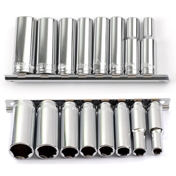 差込角3/8"DR(9.5mm)の六角ディープソケットミリサイズの8点セットです。スティールレールホルダーに容易に収納できます。サイズ：差込角3/8"DR(9.5mm)08-全長＝63mm、上外径＝12mm、下外径＝17mm10-全長＝63...