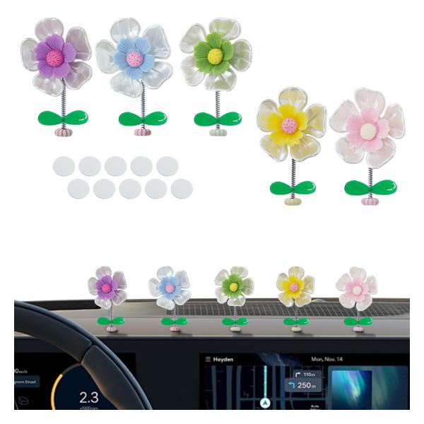 【並行輸入品】かわいい花のボブルヘッド車のダッシュボードデコレーション5点、揺れる花車のセンターコンソールオーナメント、オフィスホームデスク、車