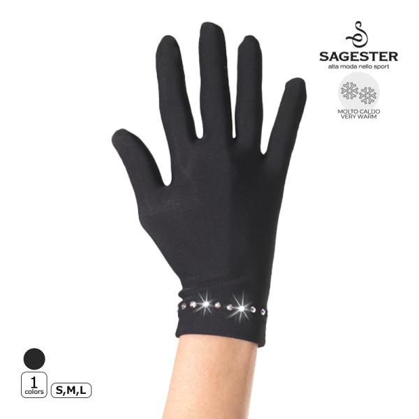 SAGESTER（サジェスター）ストーン付き手袋 536SW暖かいサーマル素材の黒色手袋。手首にオーロラ色に輝くストーンをあしらったデザインです。速乾性がありながら暖かい裏起毛の生地を使用。素材：サーマル生産国：イタリア検索ワード：フィギュ...