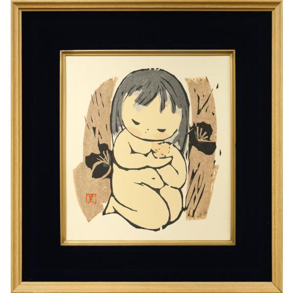 河野　薫「梅（少女）」木版画■国画会会員■日本版画協会会員■アメリカでも活躍■小樽美術館収蔵作家【小竹美術】真作保証